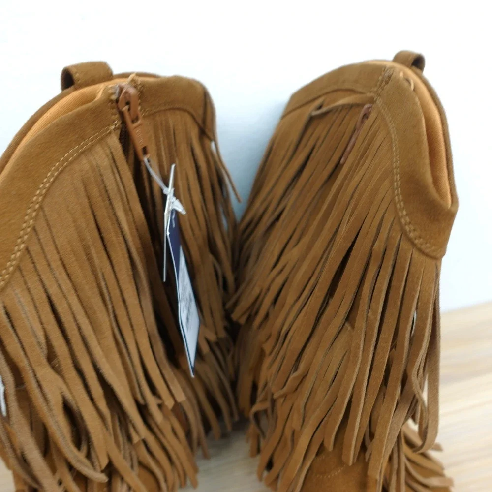 Western Boho Fringe Boots Women 8.5 W Tan Suede Coastal Cowgirl UNIVERSAL THREAD